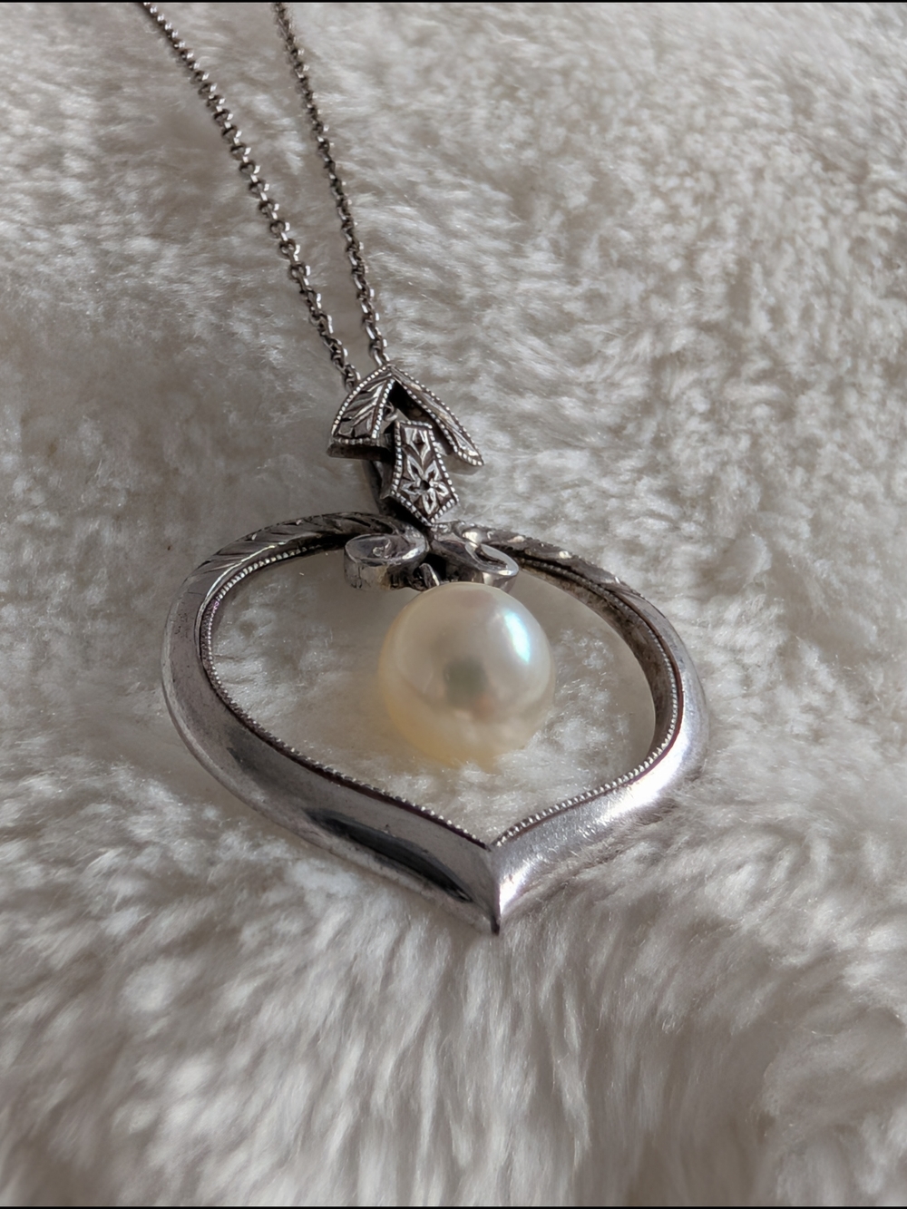 Sterling Silver Heart Pendant Necklace w/ Freshwater Pearl |20” Romantic Vintage - Picture 3 of 6